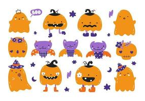 Set of cute funny happy ghosts, pumpkins and bats. Baby creepy boo characters for kids. Magic scary spirits with emotions and facial expressions. vector