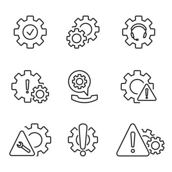 Technical warning set icon. Program settings issue. Device configuration problem. Editable stroke vector