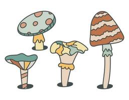 Psychedelic doodle hallucinogenic poisonous mushrooms. Vector isolated retro hippie illustration in groovy style.