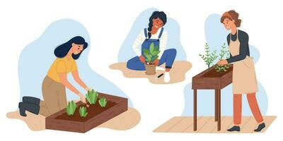 plano mujer jardinería. conjunto de vector dibujos animados personas en el jardín, creciente plantas en el camas y flor ollas.