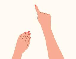 Female hands with manicure with pointing finger gesture. Vector isolated flat illustration, top view.