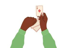 Vector isolated male hands holding playing cards, the concept of the board logic game poker, flat style.