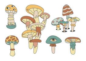 Psychedelic magic mushrooms with eyes. Hippie trip concept. Set of vector isolated illustrations in groovy style.