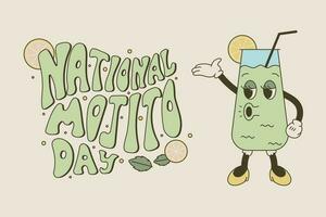 National holiday mojito day. Funny Groovy glass with cocktail and drinking straw, old cartoon style. Vector retro banner or postcard with hand lettering.