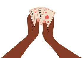 Manicured dark-skinned female hands holding playing cards kings. Vector isolated illustration in flat style, logical board game poker.