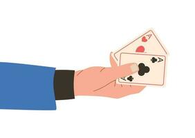 Vector isolated male hand in a suit holding two playing cards, the concept of the board logic game poker, flat style.