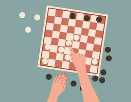 Flat People playing checkers, top view. Hands making a move in a logic board game. Cartoon isolated vector chess board.