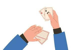 Vector isolated male hands in a suit holding playing cards, the concept of the board logic game poker, flat style.