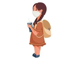 Standing Schoolgirl in a protective mask, with a backpack and a paper glass of soda. Vector isolated flat girl student.