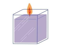 Vector flat isolated aromatic decorative candle in the shape of a cube, with fire, in a glass candlestick.