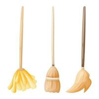 Set of vector illustrations of a broom, mop or swab. Cleaning, sweeping and washing equipment.