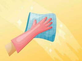 Vector cartoon banner on the theme of cleaning. A hand in a rubber glove wipes the surface with a cloth or napkin until it shines.