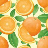 Vector seamless citrus fruit pattern. Halves and slices of bright oranges with green leaves. Sweet healthy natural food dessert.