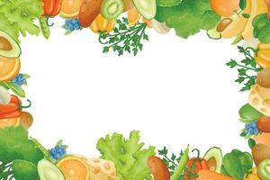 Vector horizontal template with frame or border of fresh fruits, herbs and vegetables. Healthy natural food concept.