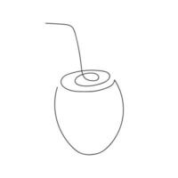 Coconut with tube drawn in one continuous line. One line drawing, minimalism. Vector illustration.