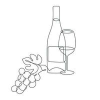 Grape, bottle and glass drawn in one continuous line. One line drawing, minimalism. Vector illustration.