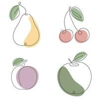 ciruela, cereza, manzana, Pera dibujado en uno continuo línea con color lugares. uno línea dibujo, minimalismo vector ilustración.