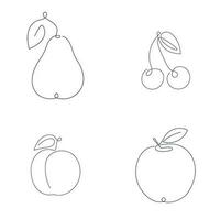Fruit set plum, cherry, apple, pear drawn in one continuous line. One line drawing, minimalism. Vector illustration.