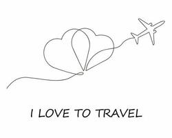 Hearts in sky and airplane drawn in one continuous line. Card with the text I love to travel. One line drawing, minimalism. Vector illustration. photo