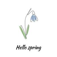 Snowdrop drawn in one continuous line with color spot and text Hello spring. One line drawing, minimalism. Vector illustration.