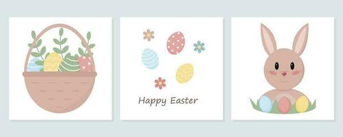 Set of Easter cards in flat style. Traditional symbols, eggs, rabbit and others. Vector illustration