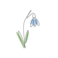 Snowdrop drawn in one continuous line with color spots. One line drawing, minimalism. Vector illustration.