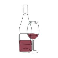 Bottle and wine glass drawn in one continuous line in color. One line drawing, minimalism. Vector illustration.
