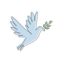 Dove with olive branch drawn in one continuous line with color spot. One line drawing, minimalism. Vector illustration.