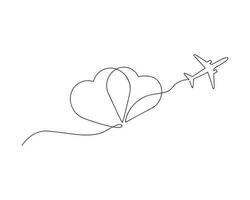 Hearts in sky and airplane drawn in one continuous line. One line drawing, minimalism. Vector illustration.