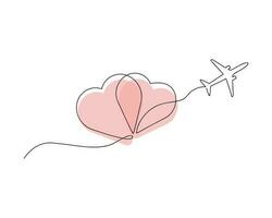 Red hearts in sky and airplane drawn in one continuous line. One line drawing, minimalism. Vector illustration.