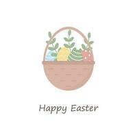 Easter card in flat style. Colorful Easter eggs in wicker basket. Vector illustration