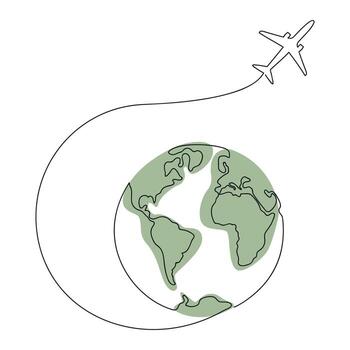Plane flying around Earth drawn in one continuous line with color spot. One line drawing, minimalism. Vector illustration.