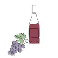 Bottle and grape drawn in one continuous line in color. One line drawing, minimalism. Vector illustration.