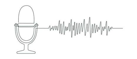 Podcast microphone with audio track drawn in one continuous line. One line drawing, minimalism. Vector illustration.