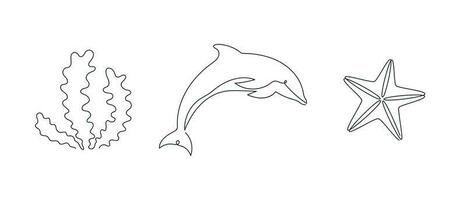 Sea set dolphin, starfish, seaweed drawn in one continuous line. One line drawing, minimalism. Vector illustration.