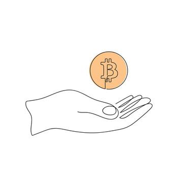 Bitcoin in hand drawn in one continuous line in color. One line drawing, minimalism. Vector illustration.