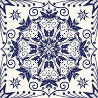 Ethnic floral square tile blue-white color pattern. Ethnic floral drawing shape geometric square seamless pattern. Ethnic floral pattern use for carpet, rug, wallpaper, cushion, tile flooring. vector