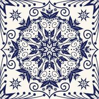 Ethnic floral square tile blue-white color pattern. Ethnic floral drawing shape geometric square seamless pattern. Ethnic floral pattern use for carpet, rug, wallpaper, cushion, tile flooring. vector