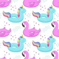 Inflatable swimming circle with a blue unicorn, flamingo. Inflatable rubber toys for water and beach. Seamless vector pattern on summer and marine themes.