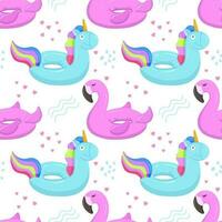 Inflatable swimming circle with a blue unicorn, flamingo. Inflatable rubber toys for water and beach. Seamless vector pattern on summer and marine themes.