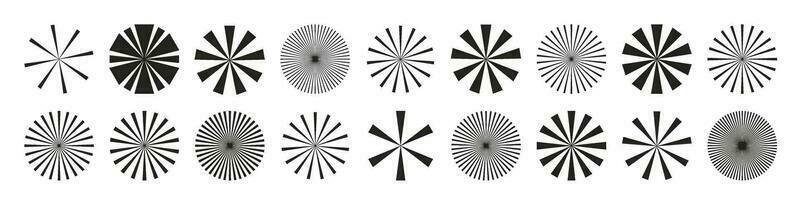 Circular bursts, beams, and rays. Monochrome graphics, optical patterns, and glowing black elements. Vector isolated illustration.