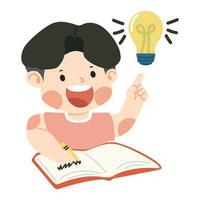 Kid boy writing in a book with idea lamp vector