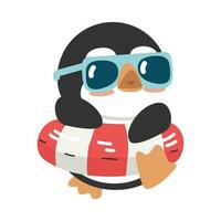 Cartoon penguin with inflatable ring and sunglasses vector