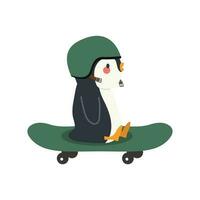 Cute penguin playing skateboard flat vector