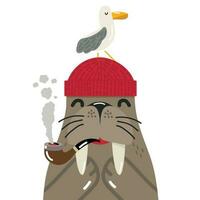 Cute walrus with gull cartoon vector