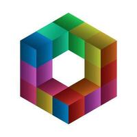 3d isometric colorful gradient hexagon with cubes. Optical illusion of hexagonal structure vector illustration. Symbol with three-dimensional effect.