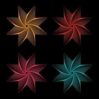 Set of orange,red,pink and cyan star spirograph logos isolated on black background.  Spirographs starfish rotates winged vector illustration.
