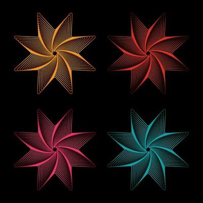 Set of orange,red,pink and cyan star spirograph logos isolated on black background.  Spirographs starfish rotates winged vector illustration.