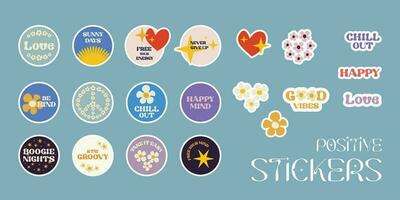 Set Positive Stickers in Groovy retro style vector