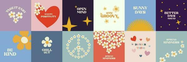 Positive motivation cards design in groovy style with heart flower symbols vector